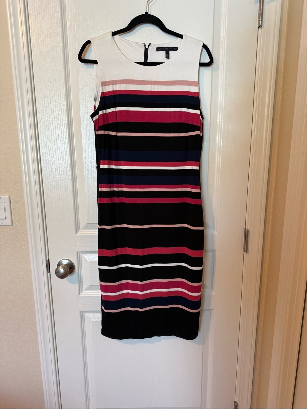 White House Black Market Black, Pink & White Striped Midi Sheath Dress